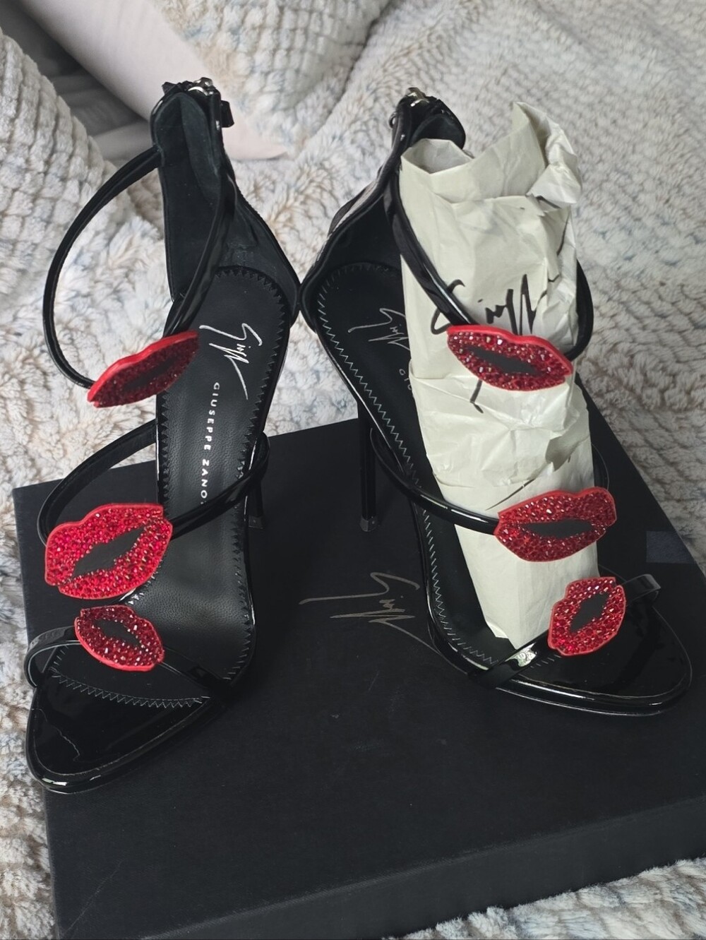 Giuseppe Zanotti Black Patent Stiletto Sandals with Red Lip Embellishments